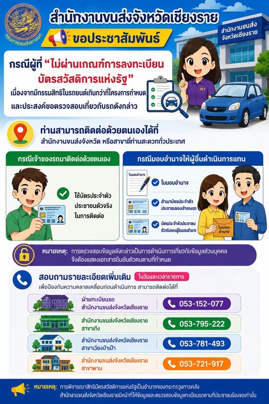 สำนักงานขนส่งจังหวัดเชียงราย ขอประชาสัมพันธ์ กรณีประสงค์จะตรวจสอบเกี่ยวกับรถหรือการเป็นเจ้าของรถ ท่านสามารถเข้ามาติดต่อด้วยตนเองได้ที่ ✅ สำนักงานขนส่งจังหวัด หรือสาขาที่ท่านสะดวกทั่วประเทศ ‼️