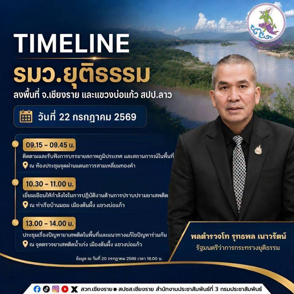 พลตำรวจโท รุทธพล เนาวรัตน์ รัฐมนตรีว่าการกระทรวงยุติธรรม ลงพื้นที่ จ.เชียงราย วันที่ 22 กรกฎาคม 2569