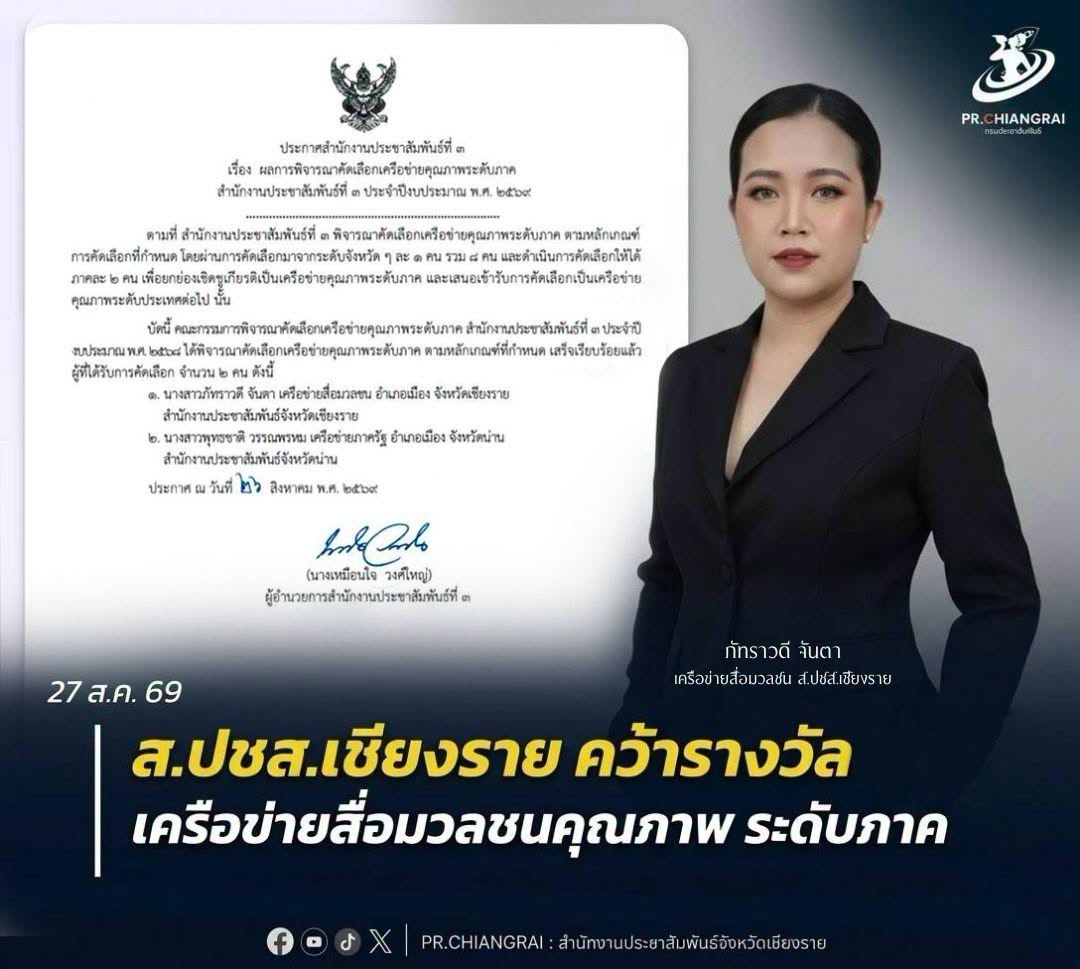 ส.ปชส.เชียงราย คว้ารางวัลเครือข่ายคุณภาพระดับภาค