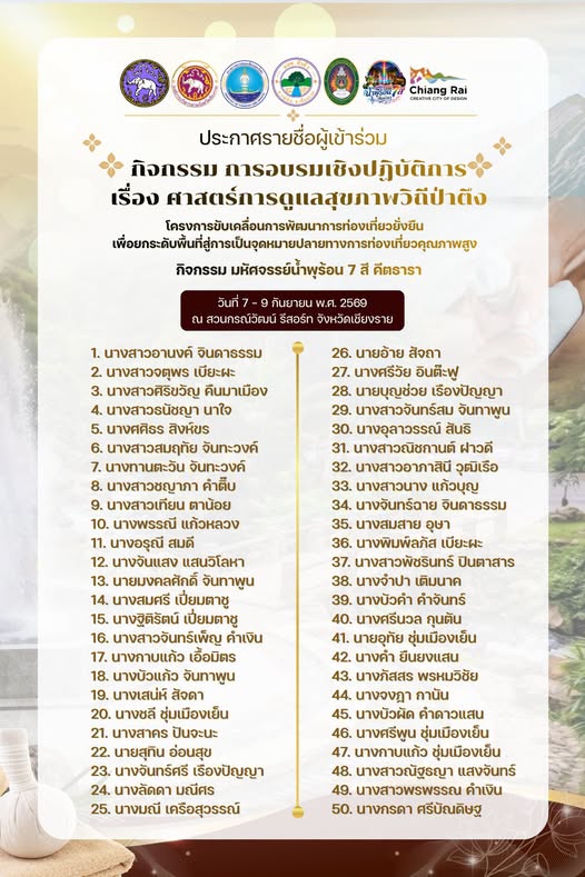 ประกาศรายชื่อผู้เข้าร่วม..  กิจกรรม การอบรมเชิงปฏิบัติการ เรื่อง ศาสตร์การดูแลสุขภาพวิถีป่าตึง &ldquo;โครงการขับเคลื่อนการพัฒนาการท่องเที่ยวยั่งยืน&rdquo; เพื่อยกระดับพื้นที่สู่การเป็นจุดหมายปลายทางการท่องเที่ยวคุณภาพสูง