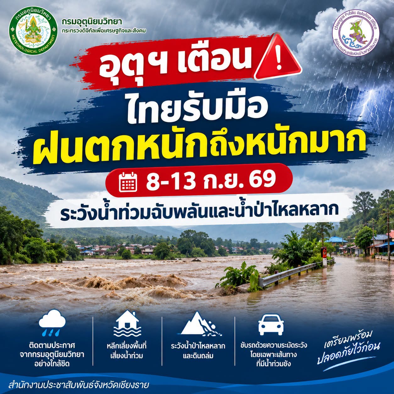 อุตุฯ เตือนไทยรับมือฝนตกหนักถึงหนักมาก 8-13 ก.ย. 69 ระวังน้ำท่วมฉับพลันและน้ำป่าไหลหลาก