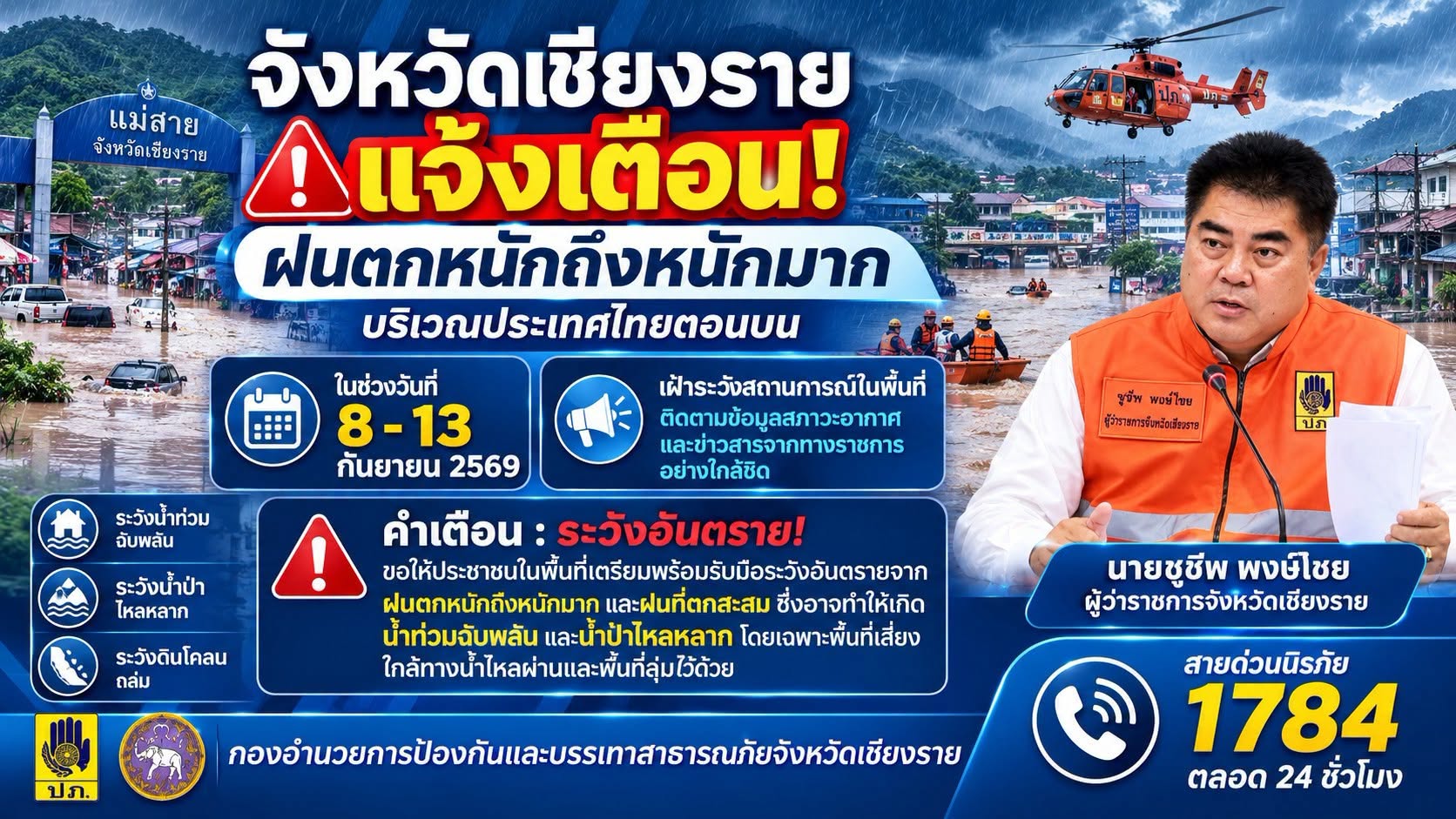 กอปภ.จ.เชียงราย แจ้งเตือน &ldquo;ฝนตกหนักถึงหนักมากบริเวณประเทศไทยตอนบน&rdquo;