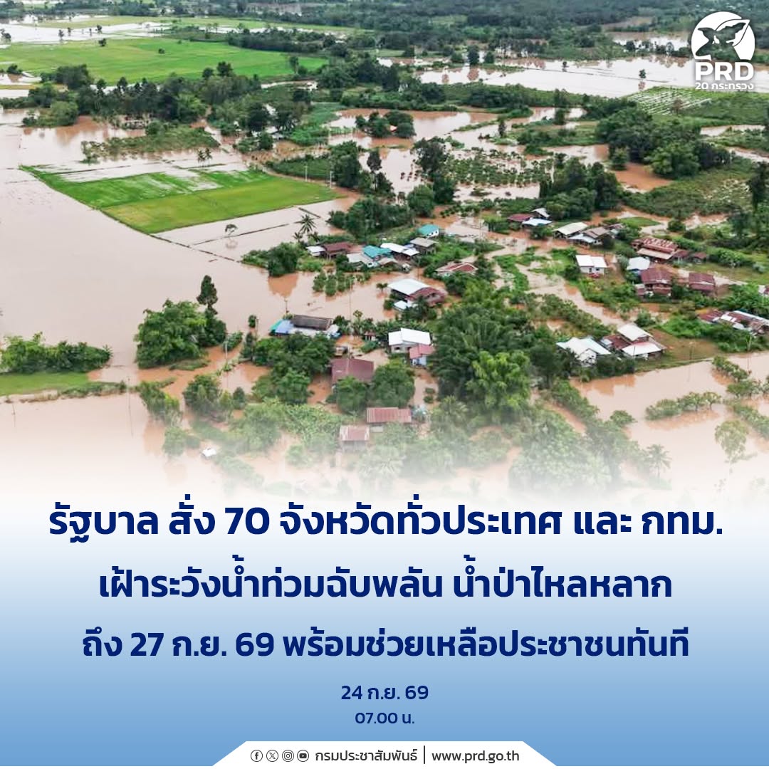 รัฐบาล สั่ง 70 จังหวัดทั่วประเทศ และ กทม. เฝ้าระวังน้ำท่วมฉับพลัน น้ำป่าไหลหลาก ถึง 27 ก.ย. 69 พร้อมช่วยเหลือประชาชนทันที