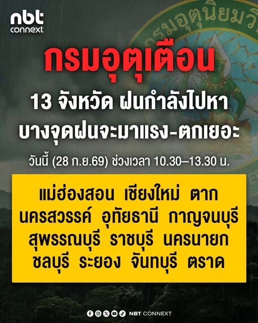 กรมอุตุฯ เตือน 13 จังหวัด ฝนกำลังไปหา  บางจุดฝนจะมาแรง-ตกเยอะ